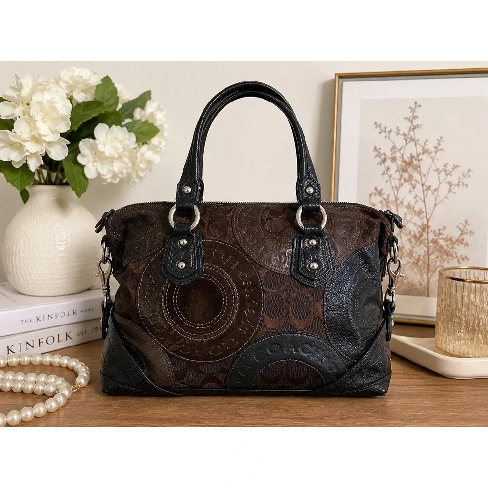 Coach Signature Patchwork Satchel Brown Jacquard Black Leather Shoulder Bag...